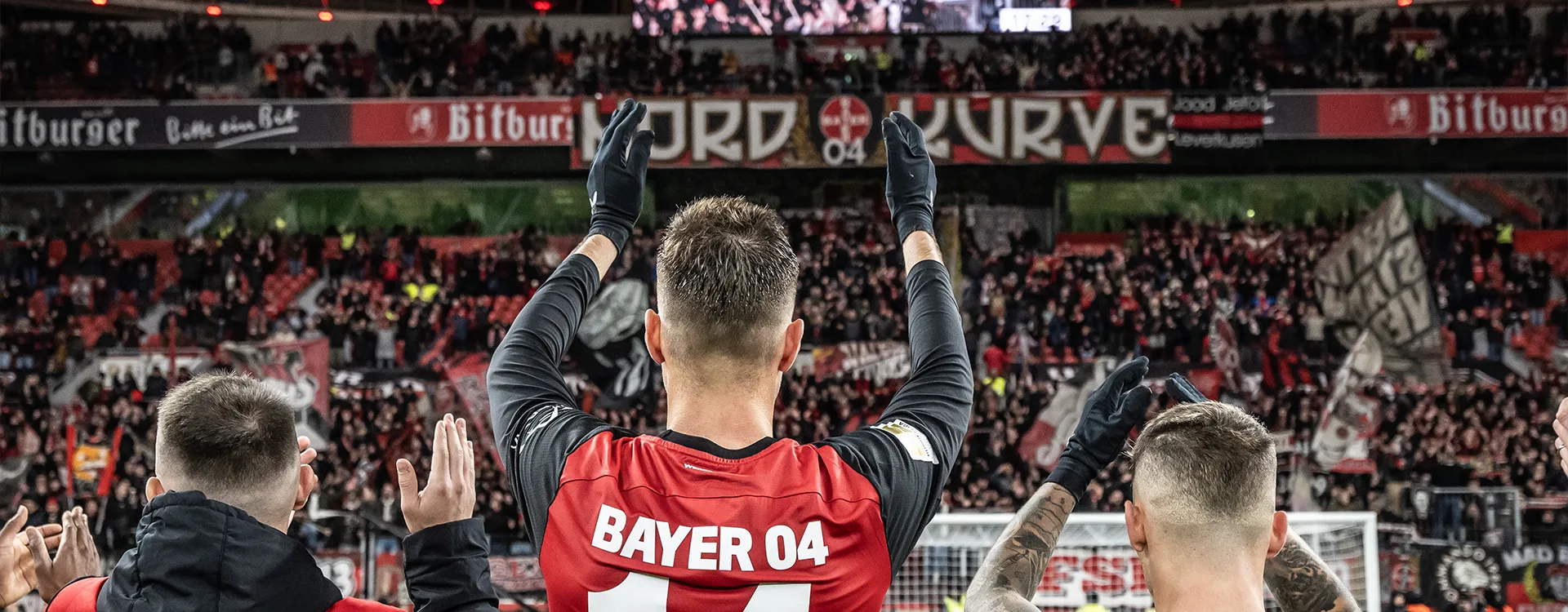 Patrik Schick, Alejandro Grimaldo and Aleix García from Bayer Leverkusen applaud the north stand in Leverkusen. (Photo)