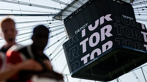 Two Eintracht Frankfurt players celebrate and the video cube is visible with the inscription ‘GOAL’. (Photo)